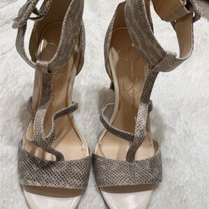 Jessica Simpson Neutral Snake-Print Strappy Heels